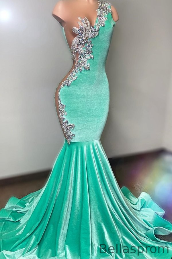 Bellasprom Mint Green Velvet Prom Dress Mermaid Sleeveless Long With Beads Bellasprom