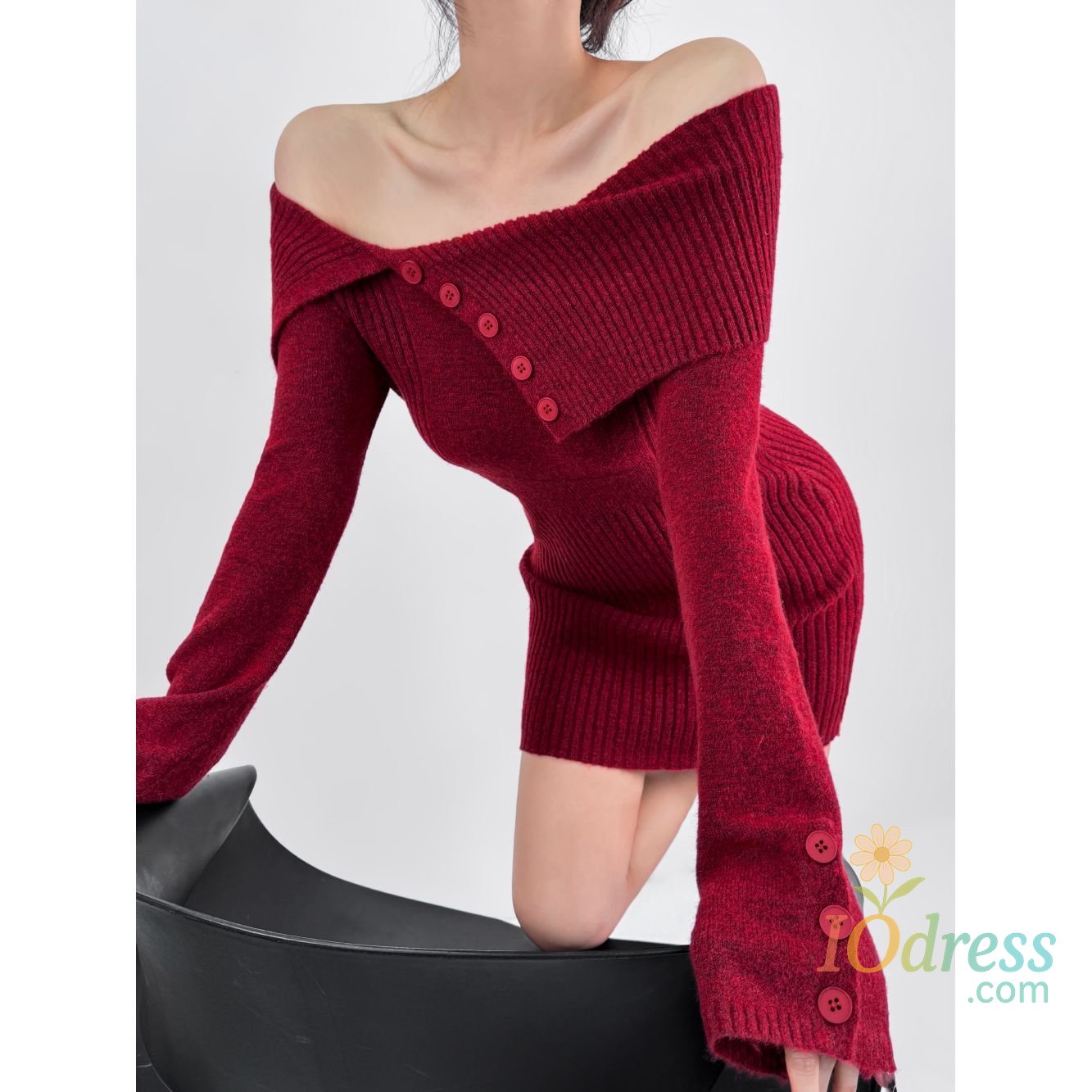 IO Dress One-shoulder Lapel Sweater Knitted Red Dress Slim Hip-covered Skirt Autumn and Winter New Style
