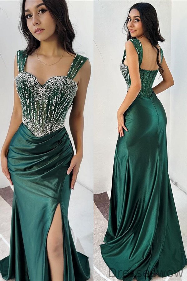 Dresseswow Dark Green Sweetheart Sleeveless Mermaid Prom Gown Straps With Split Beadings Crystals