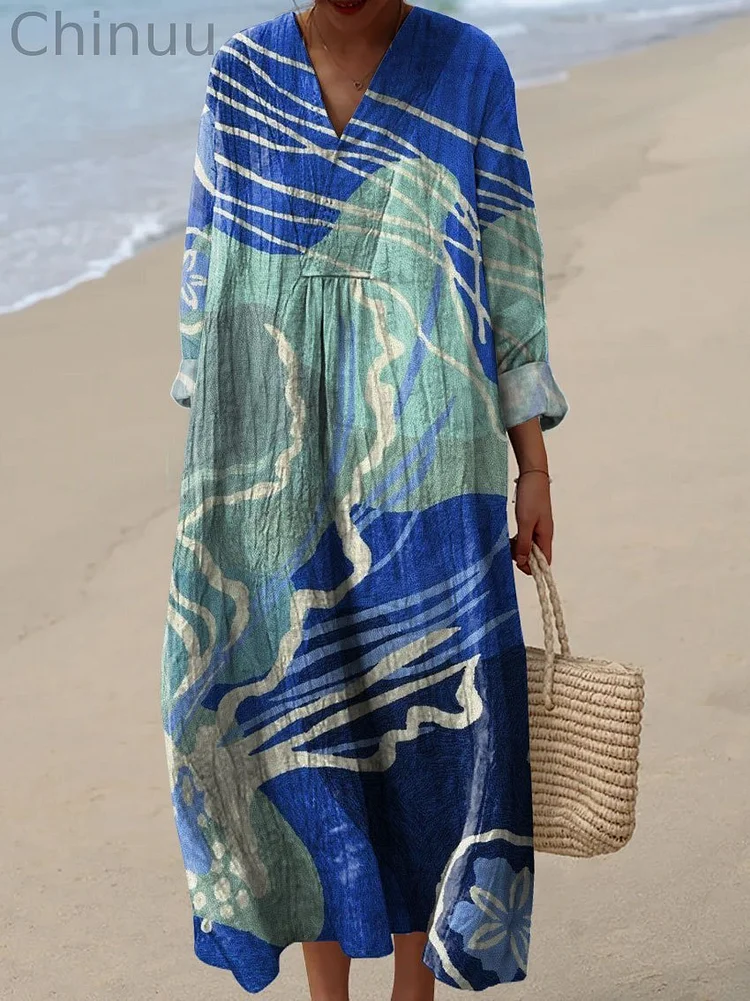 Women's Vintage Hand Drawn Blue Ocean Jellyfish Art Print Flowy Dress