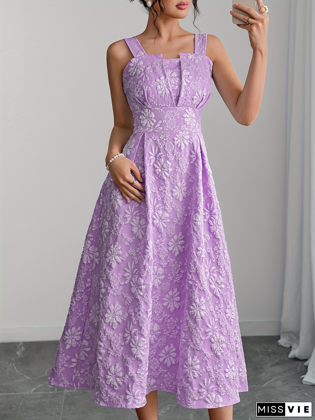 [Elegant Dress] Elegant Floral A-Line Dress | Sleeveless, Off-Shoulder Design With Back Zipper, Pink On Blush Color - Spring/Summer Collection, Casual Elegance, Cute Summer Dresses For Women