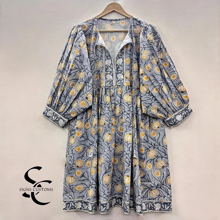 Floral Hand Block Print Soft Cotton Summer Woman Midi Dress &ndash; Bohemian Tunic for Women with String Closure