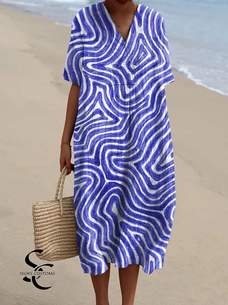 Women's Flowy Dress Featuring Bold Funky Blue Art Print