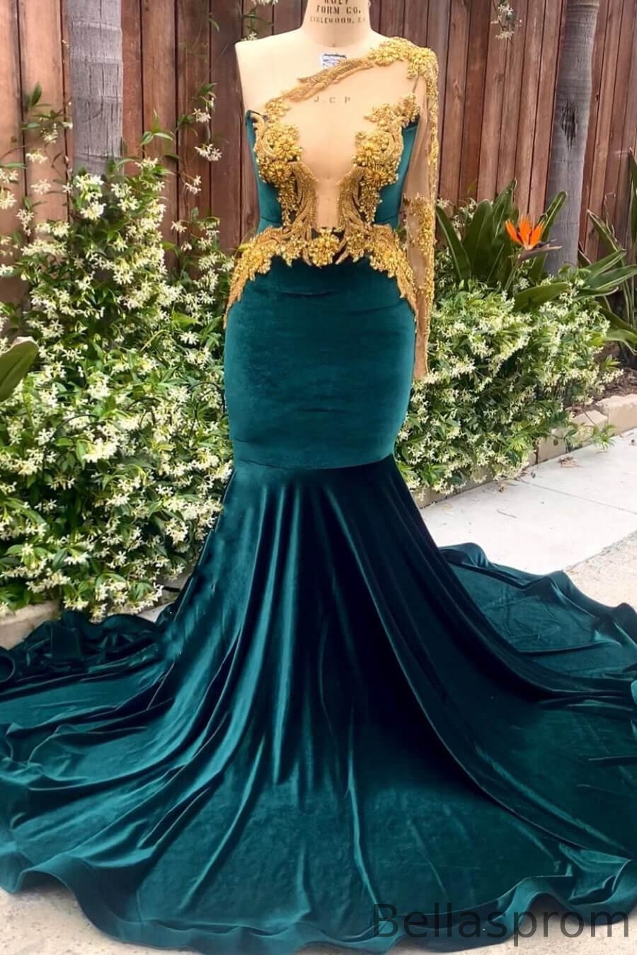 Bellasprom Dark Green One Shoulder Long Sleeve Mermaid Prom Dress With Appliques Velvet Bellasprom