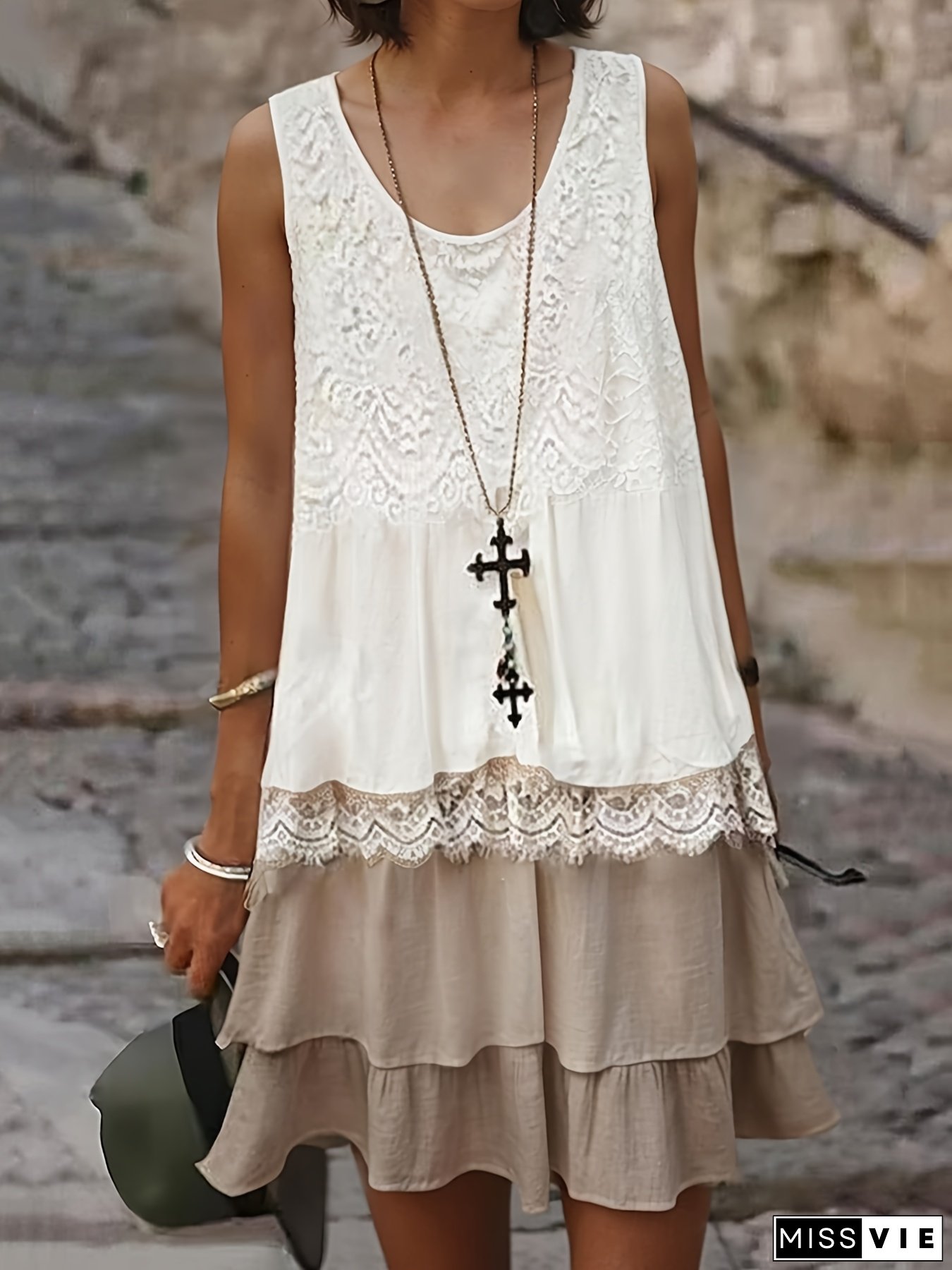 Women&lsquo;s Bohemian Lace Detail Layered Dress Sleeveless Round Neck White Brown Casual Summer Beach Party Loose Clothing