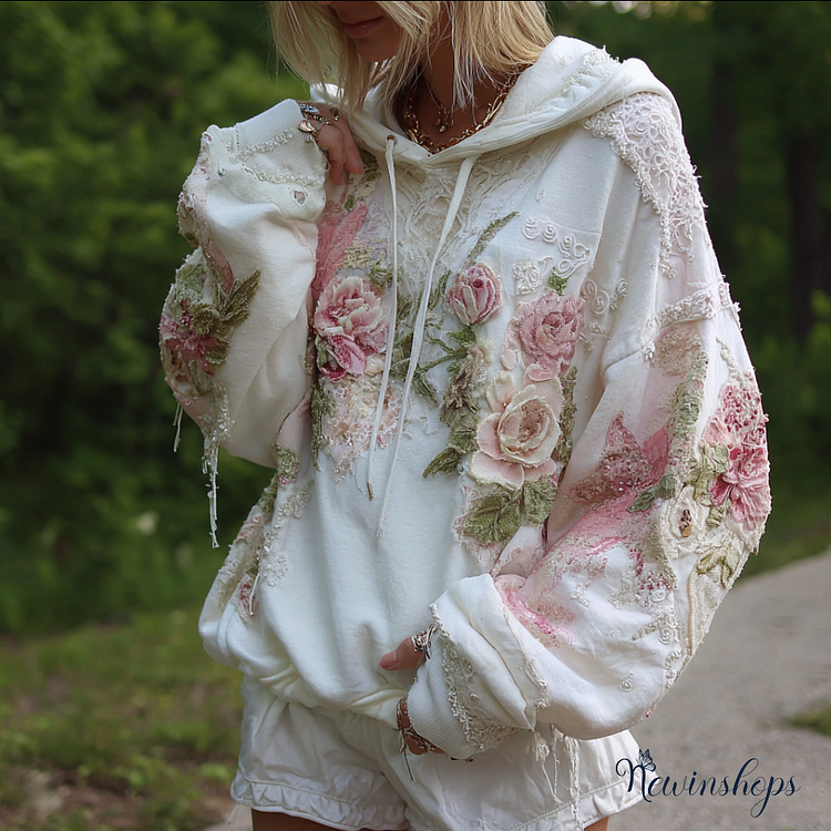 Bohemian Style 3d Rose Embroidery Women's Hooded Sweatshirt