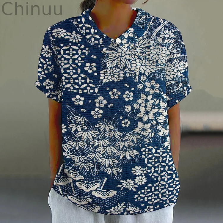 Vintage Japanese Art Flower Print Lapel Short Sleeve Blouse