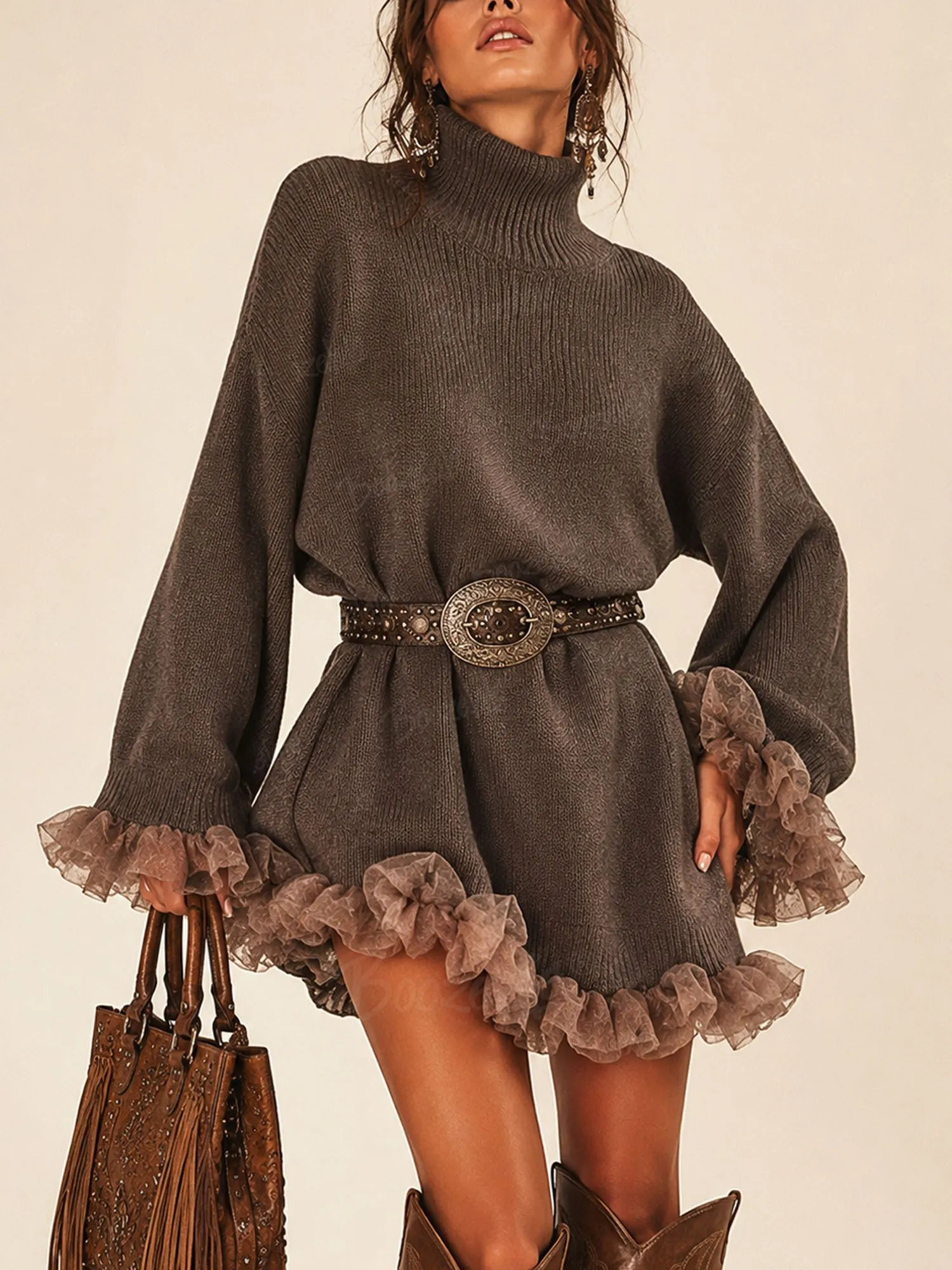 Perfect for a Western Vacation &mdash; 2026 Dark Brown Turtleneck Ruffled Patchwork Knit Mini Dress