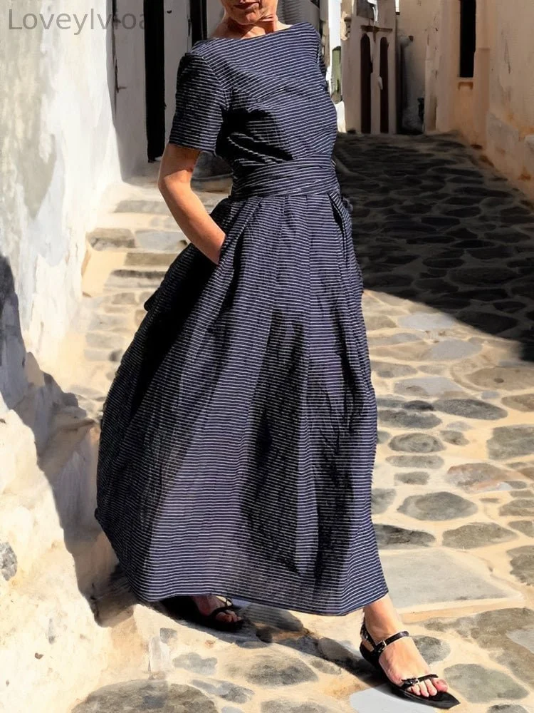 Women'S Striped Short Sleeve Tie Waist Dress