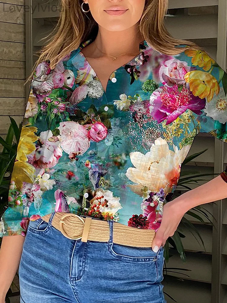 Assorted Floral On Green Background Art Printed Women's Casual Shirt