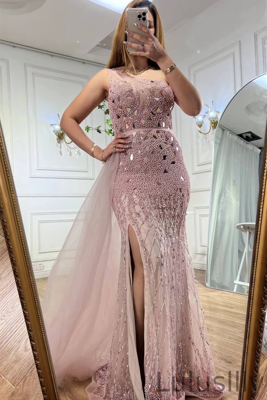 Chic Dusty Pink One Shoulder Mermaid Evening Gown With Split Beads Pearls Ruffles Sleeveless - lulusllly