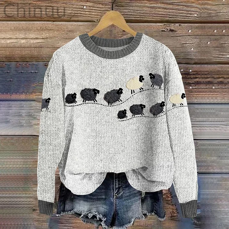 Cute Sheep Wool Felt Art Graphic Crew Neck Cozy Knit Sweater