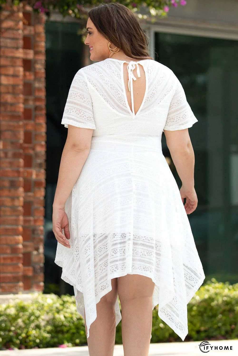 Plus Size Round Neck Short Sleeve Lace Trim Dress | IFYHOME