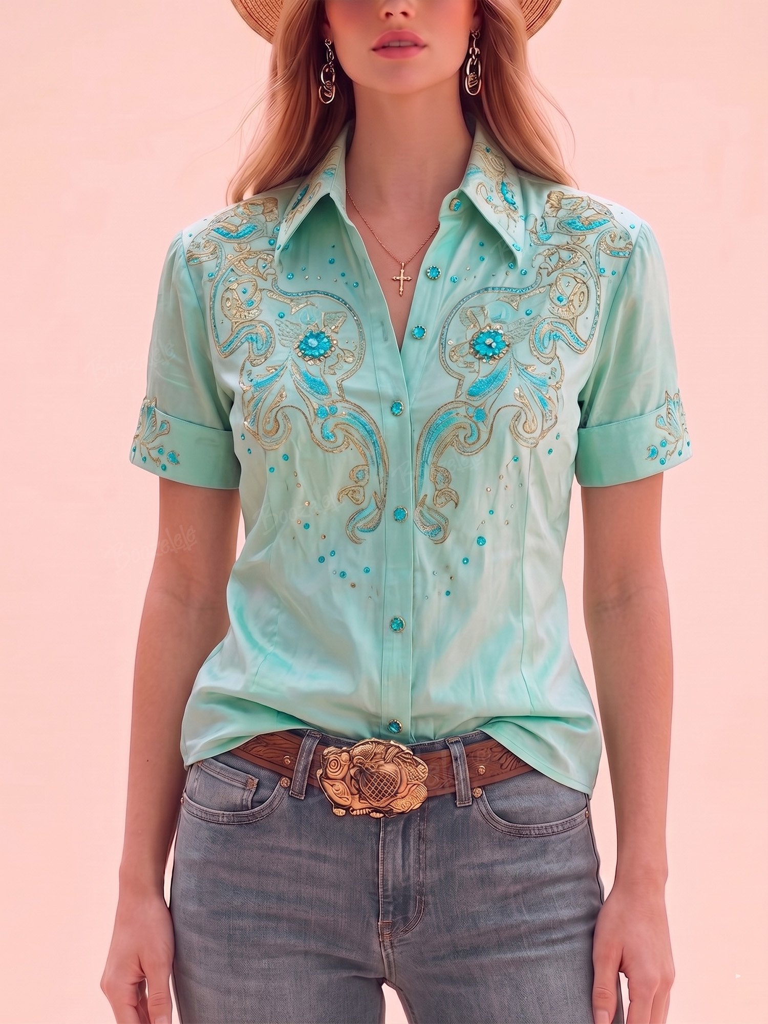 Western Shirt &mdash; Mint Green Floral Printed Cotton Shirt