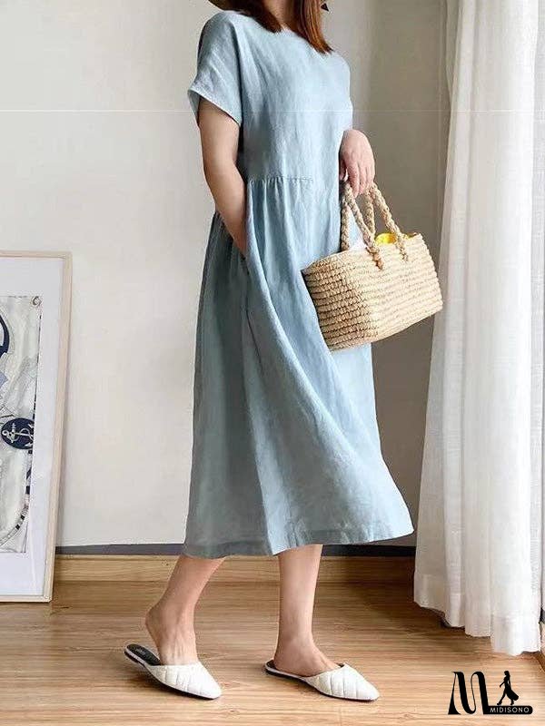 Casual Loose Solid Color Round-Neck Midi Dresses