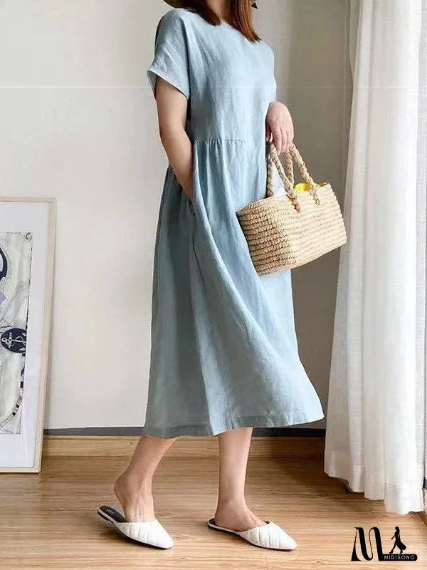 Casual Loose Solid Color Round-Neck Midi Dresses