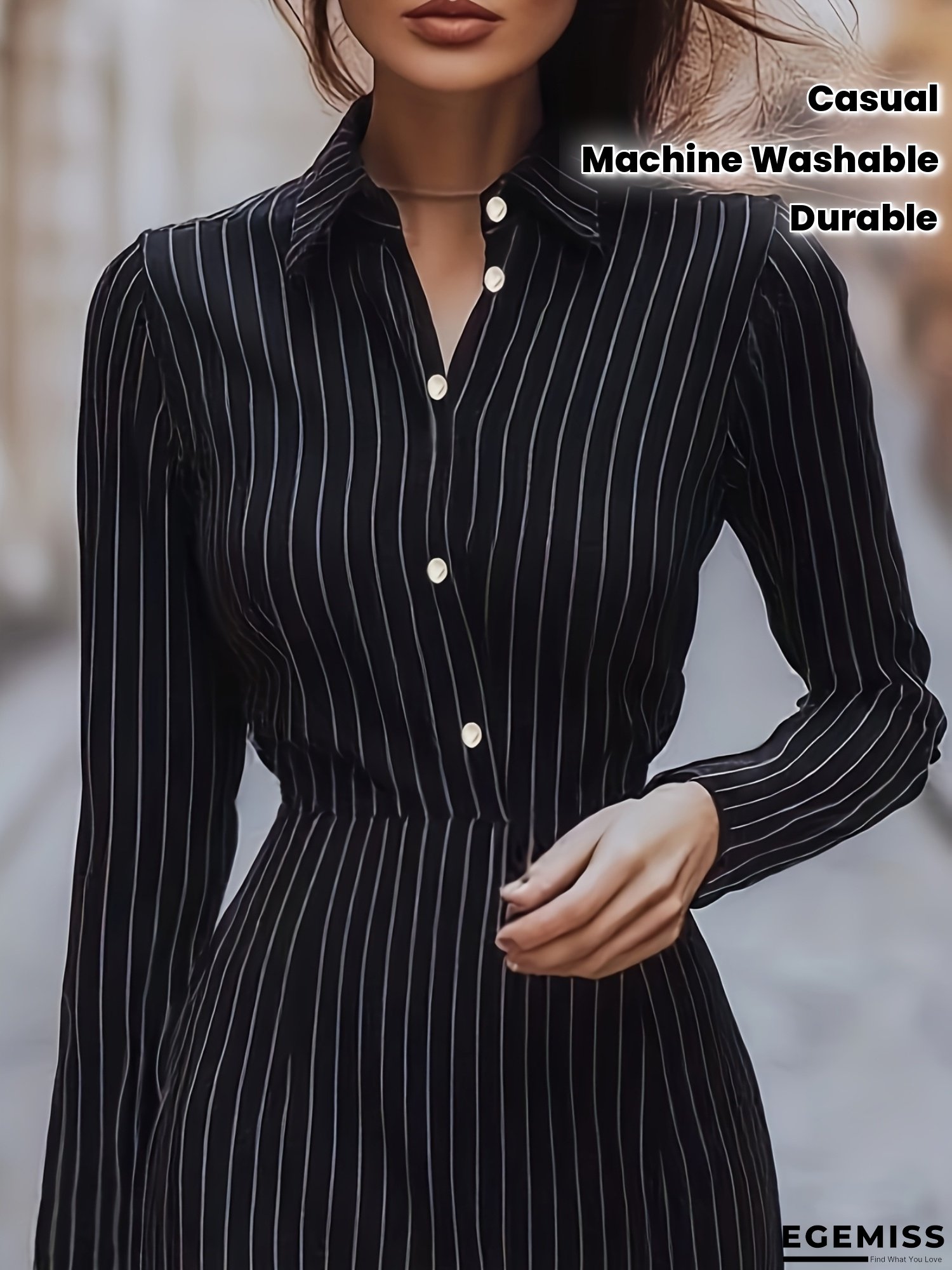 [Elegant Long Sleeve Dress] Flattering Fit, Women's Elegant Long Sleeve Formal & Casual Dress - Button-Front Design, Machine Washable Chic Outfit, Office Attire, Classic Collar, Durable Material, Fashion Lovers | EGEMISS