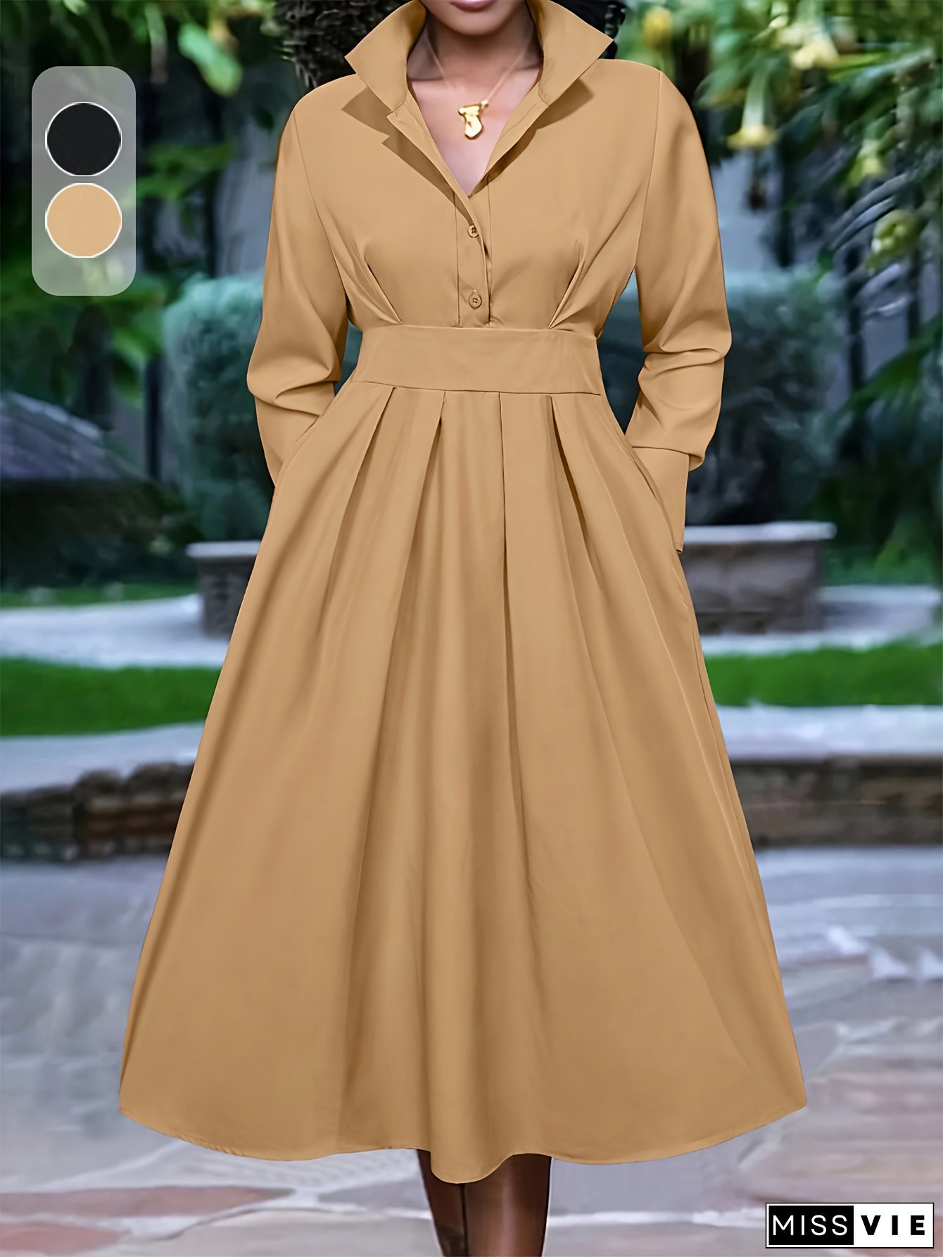 Women's Elegant Long Sleeve Button-Up Dress - Beige, Loose Fit With Flared Hem, Perfect For Spring/Summer, Casual To Semi-Formal Attire, Casual Attire|Elegant Sleeve Design|Flared Hemline