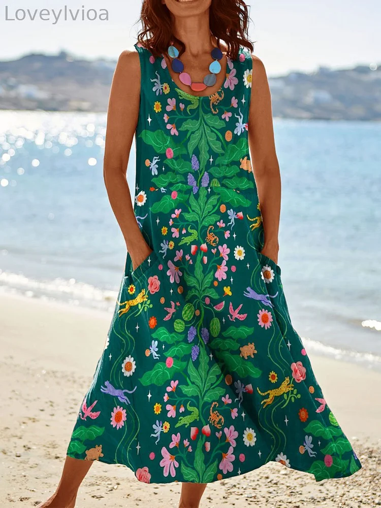 Womens Vintage Flower Art Print Pocket Pinafore Linen Dress