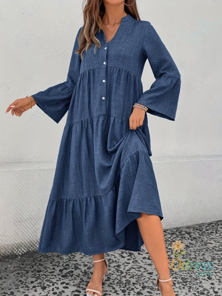 IO Dress Simple V-neck Long Dress Button Solid Color Loose Long Dress Lady Trendy Elegant Long Skirt Trend Clothes For Lady High Street
