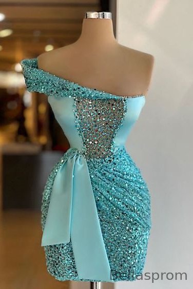 Bellasprom Ocean Blue Off-The-Shoulder Short Prom Dress With Sequins Bellasprom