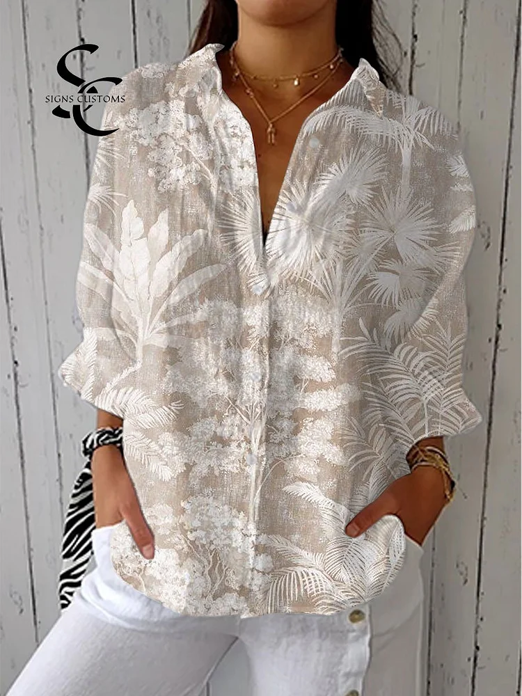 Women's  Vintage Floral Art Print Casual Linen V-neck Shirt