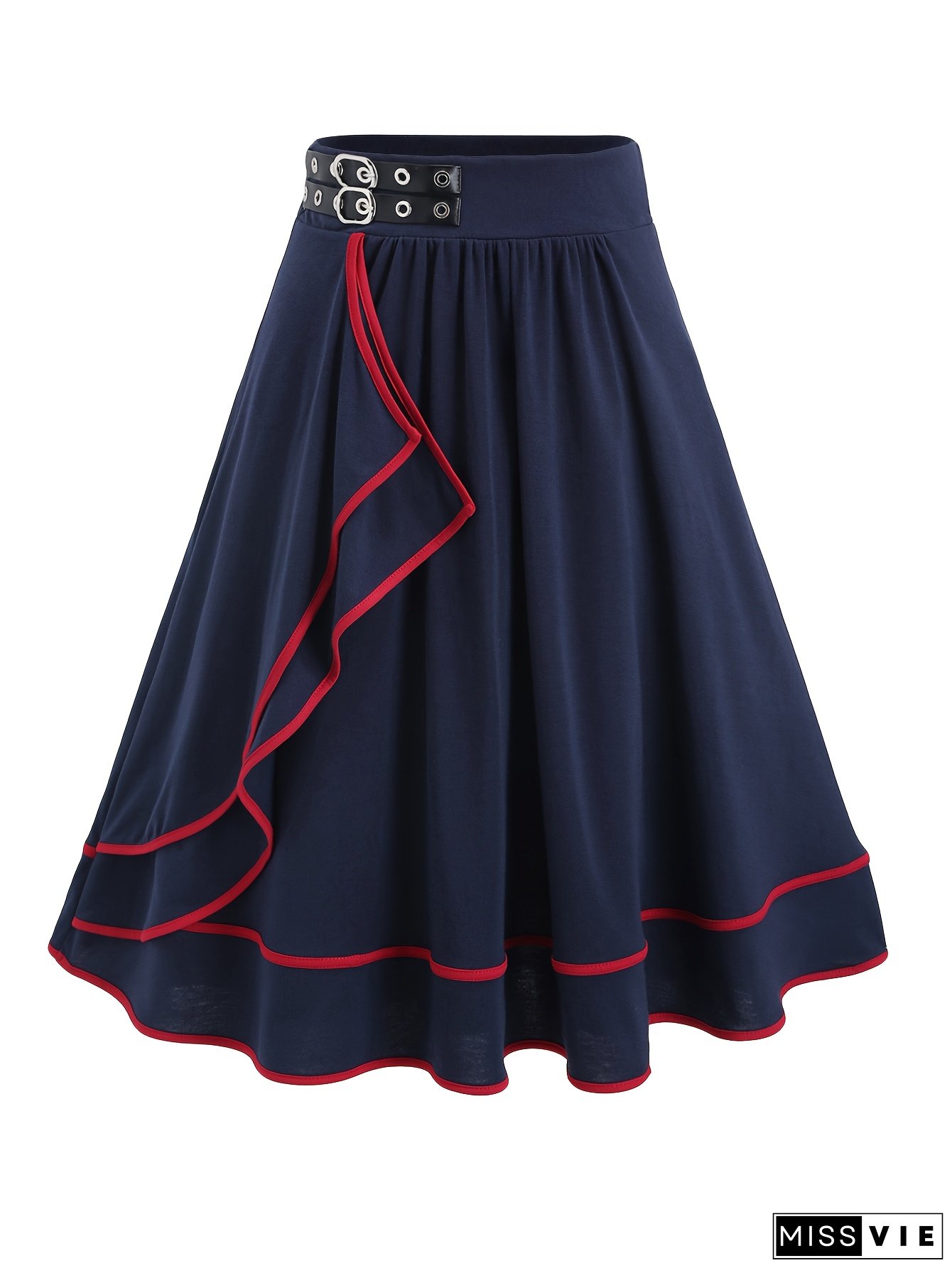 PU Contrast Color Belt with Ring Buckle and Ruffle Pleated Mid-Long A-Line Skirt