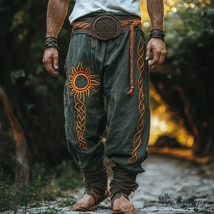 Nordic Myth Sun Embroidered Men's Linen Trousers