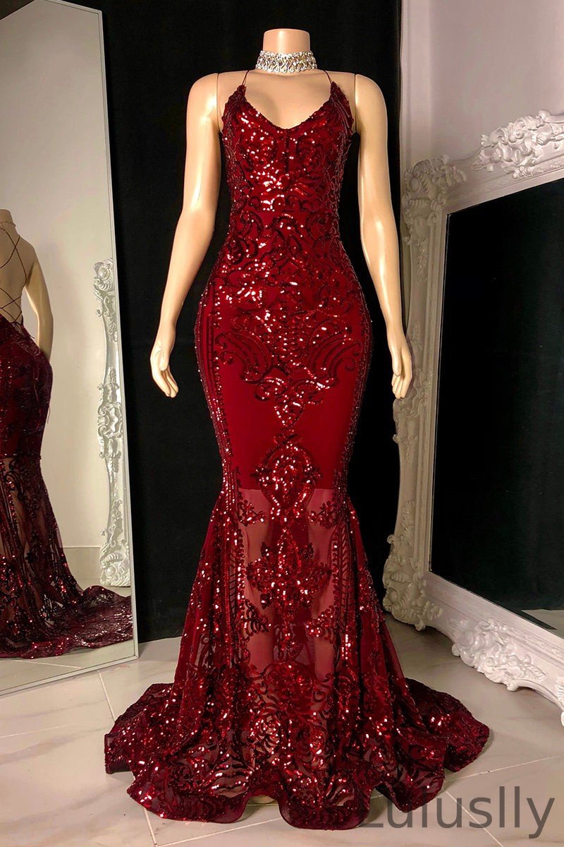 Luluslly Spaghetti-Straps V-Neck Sleeveless Prom Dress Mermaid Sequins Long