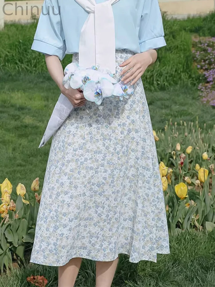 Floral High Waist Mid-length Skirt - Blue