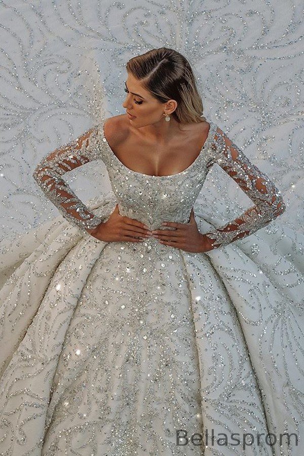 Bellasprom Stylish Long Ball Gown Off-the-Shoulder Backless Wedding Gown Crystal With Sequins Bellasprom