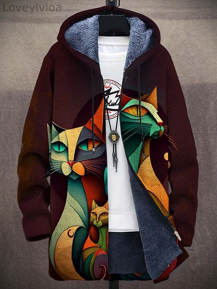 Retro Cat Geometric Pattern Print Plush Thick Long-Sleeved Sweater Cardigan Coat