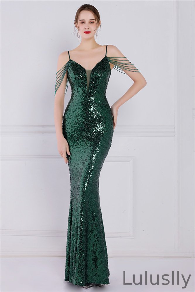 Luluslly Spaghetti-Straps Sequins Evening Gown Mermaid Sleeveless YE0072