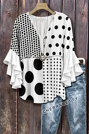 トップス room306 Random Dot Volume Tops Mixed Polka Dot Print Ruffle Sleeve Hollow Out Top
