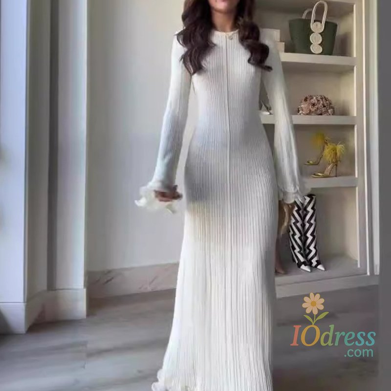 IO Dress Ruffles Pleated Loose Long Dress Women Autumn Winter Fashion White O Neck Flare Elegant Party Dresses Female Streetwear Outfits IO Dress