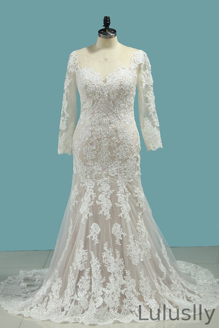 Luluslly Long Sleeves Bateau Long Mermaid Wedding Dresses With Lace Appliques