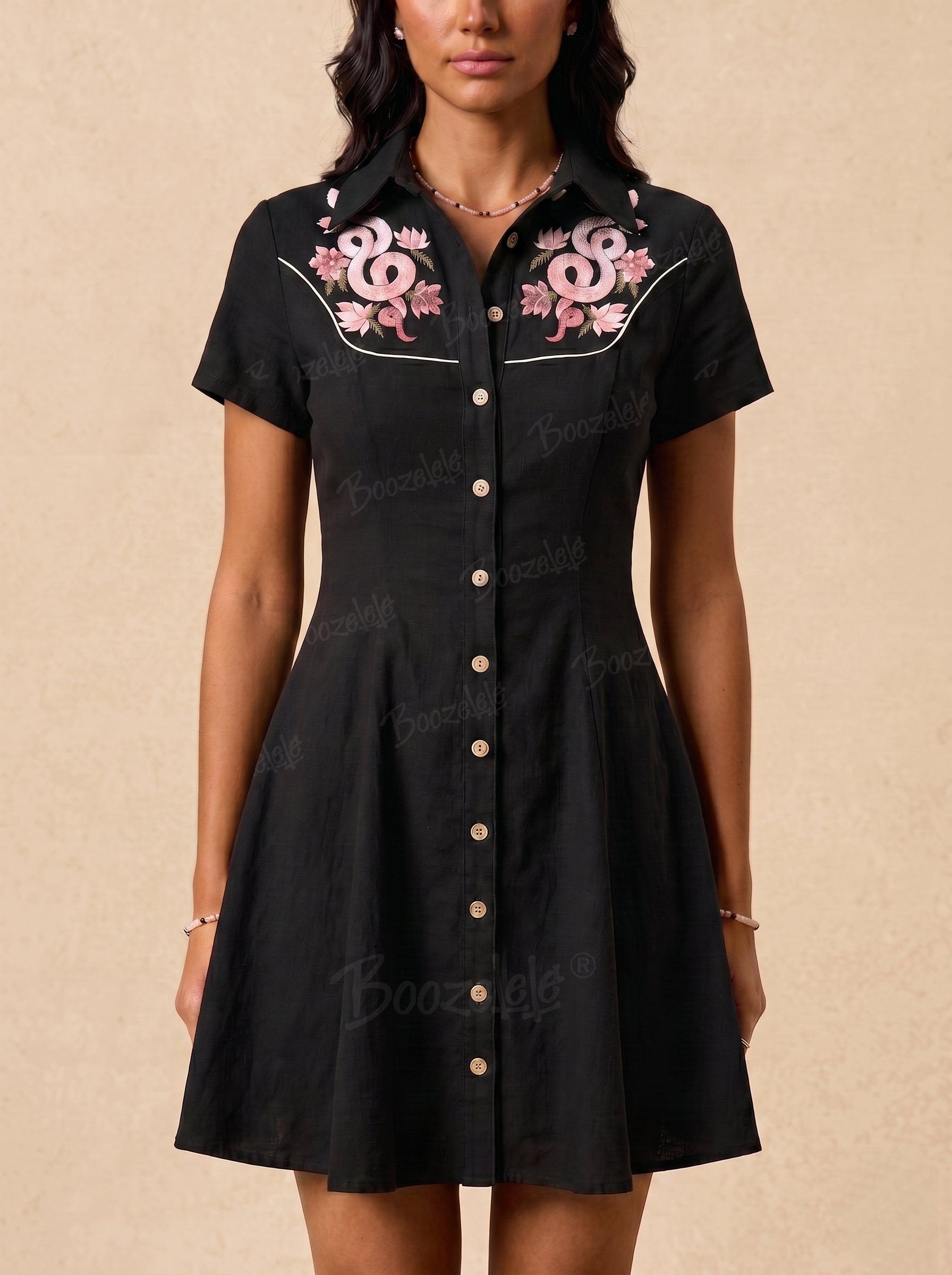 【Embroidery】Flower And Snake - 100% Cotton Dress