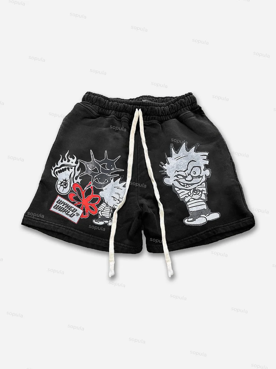 Vintage Street Graphic Drawstring Shorts