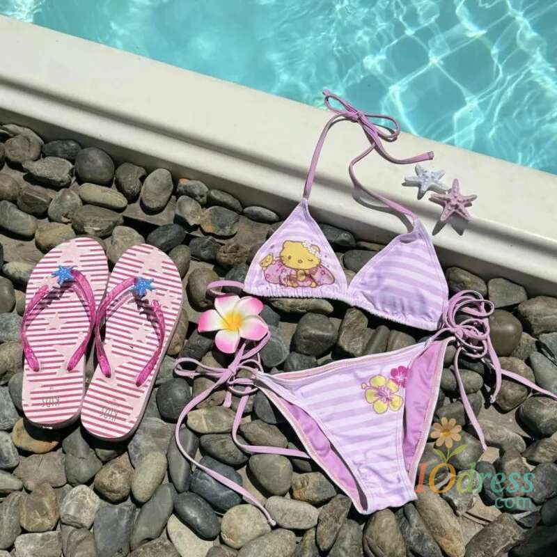 IO Dress Miniso Lace-up Hellokitty Kawaii Bikini Sets Halter Striped Bra Underwears Y2k 2 Piece Swimsuits Lolita Pink Bathing Suit Girls