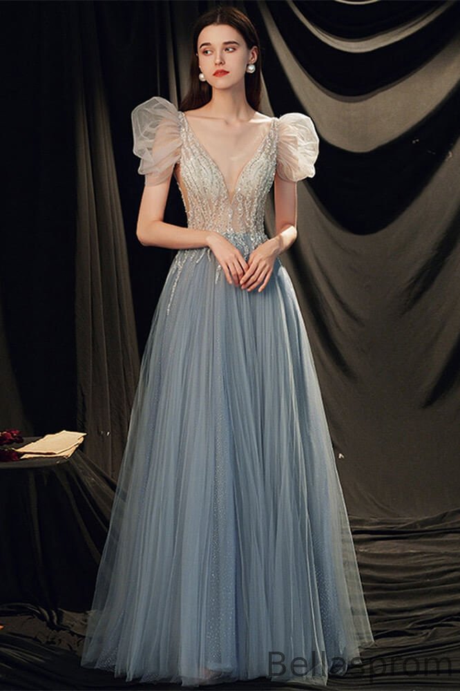 Bellasprom Bubble Sleeves V-Neck Evening Party Gowns Tulle Long With Beads Bellasprom