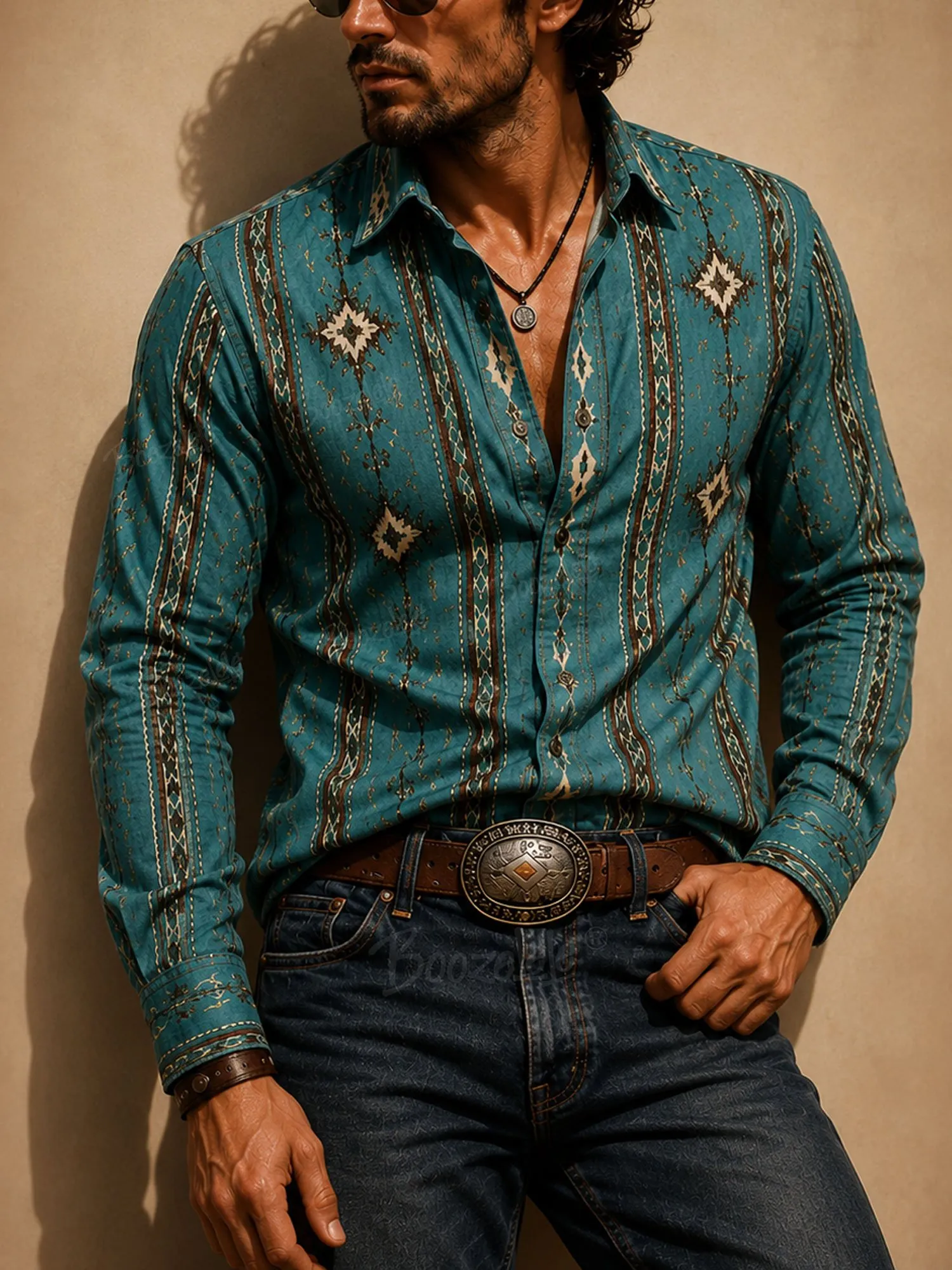 Perfect for 2026 Spring/Autumn Layering &mdash; Wilderness Teal Retro Indian Striped Distressed Lightweight Structured Men's Utility Long-Sleeve Shirt-100% Cotton