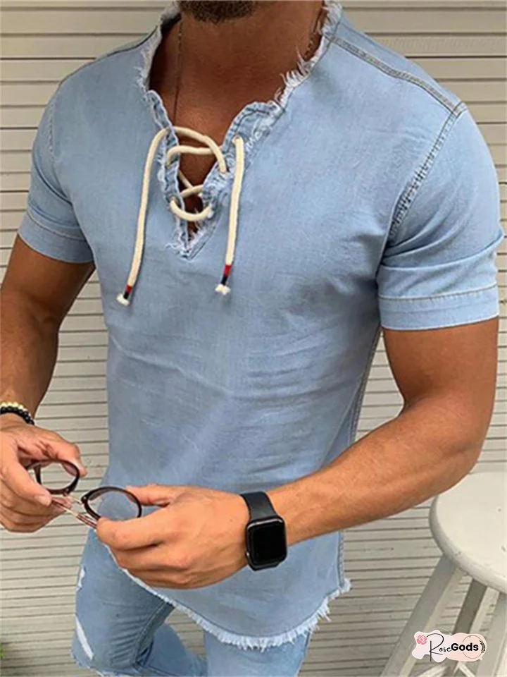 Men's Shirt Summer Shirt Denim Shirt Chambray Shirt Dark Navy Navy Blue Light Blue Short Sleeve Graphic Prints Standing Collar Casual Daily Drawstring Clothing Apparel Fashion Casual Breathable