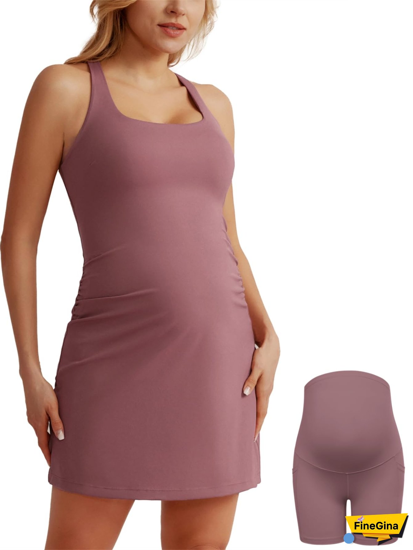 Women Maternity Tennis Dress With Shorts And Built In Bra Scoop Neck Sleeveless A-Line Workout Golf Dress With Pockets