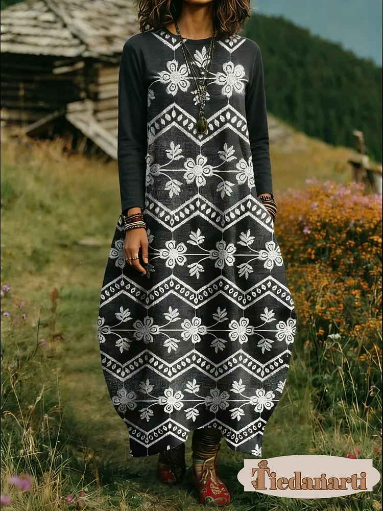 Women's Floral Print Crew Neck Long Sleeve Cotton Pocket Dress