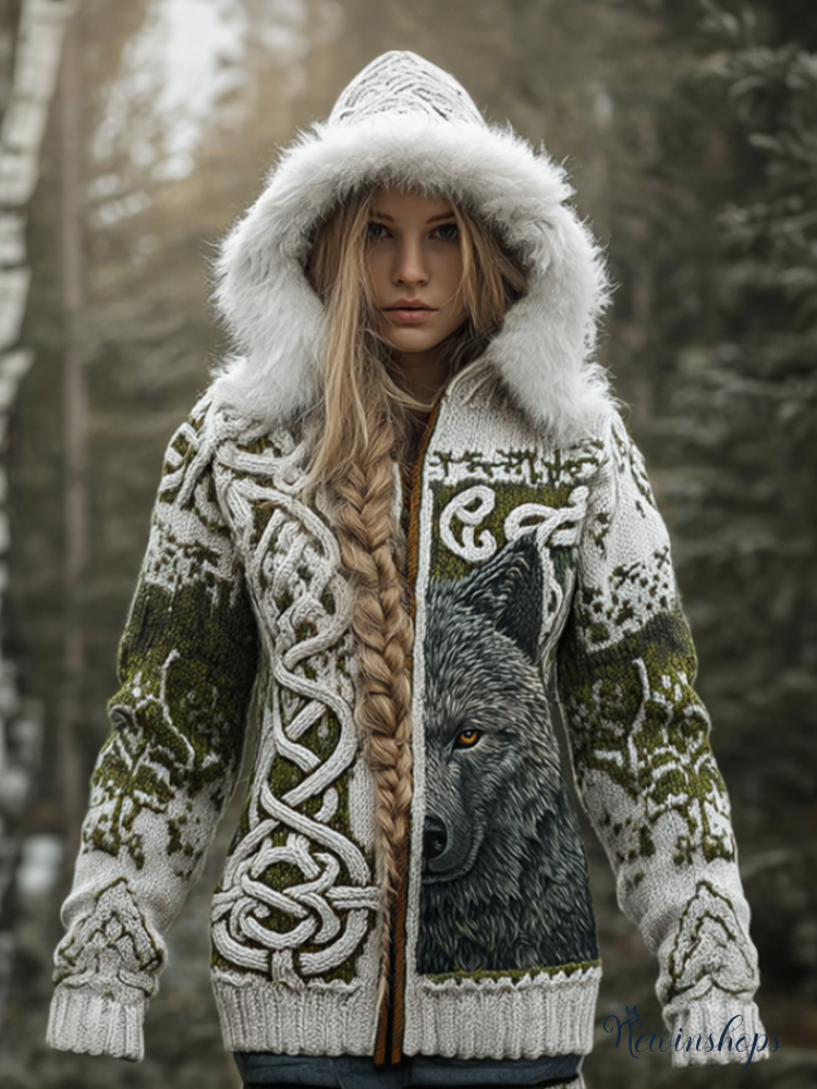 Viking Retro Style Women's Winter Warmth Knit Hooded Sweater Jacket