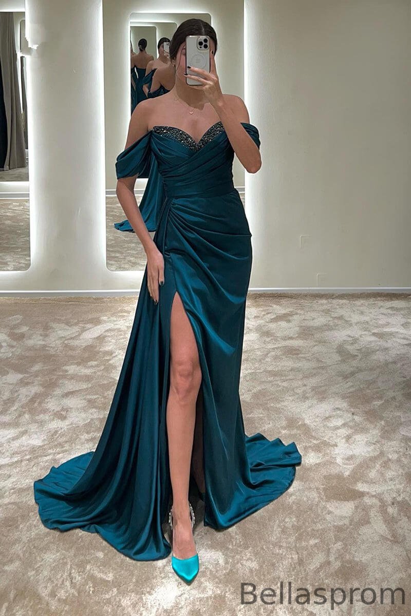 Bellasprom Ink Blue Off-the-Shoulder Sleeveless Prom Dress Mermaid With Split Beadings Ruffles Bellasprom