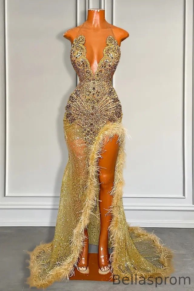 Bellasprom Gold Sleeveless Mermaid  Prom Dress Sequins High SLit With Feather Beadings Bellasprom