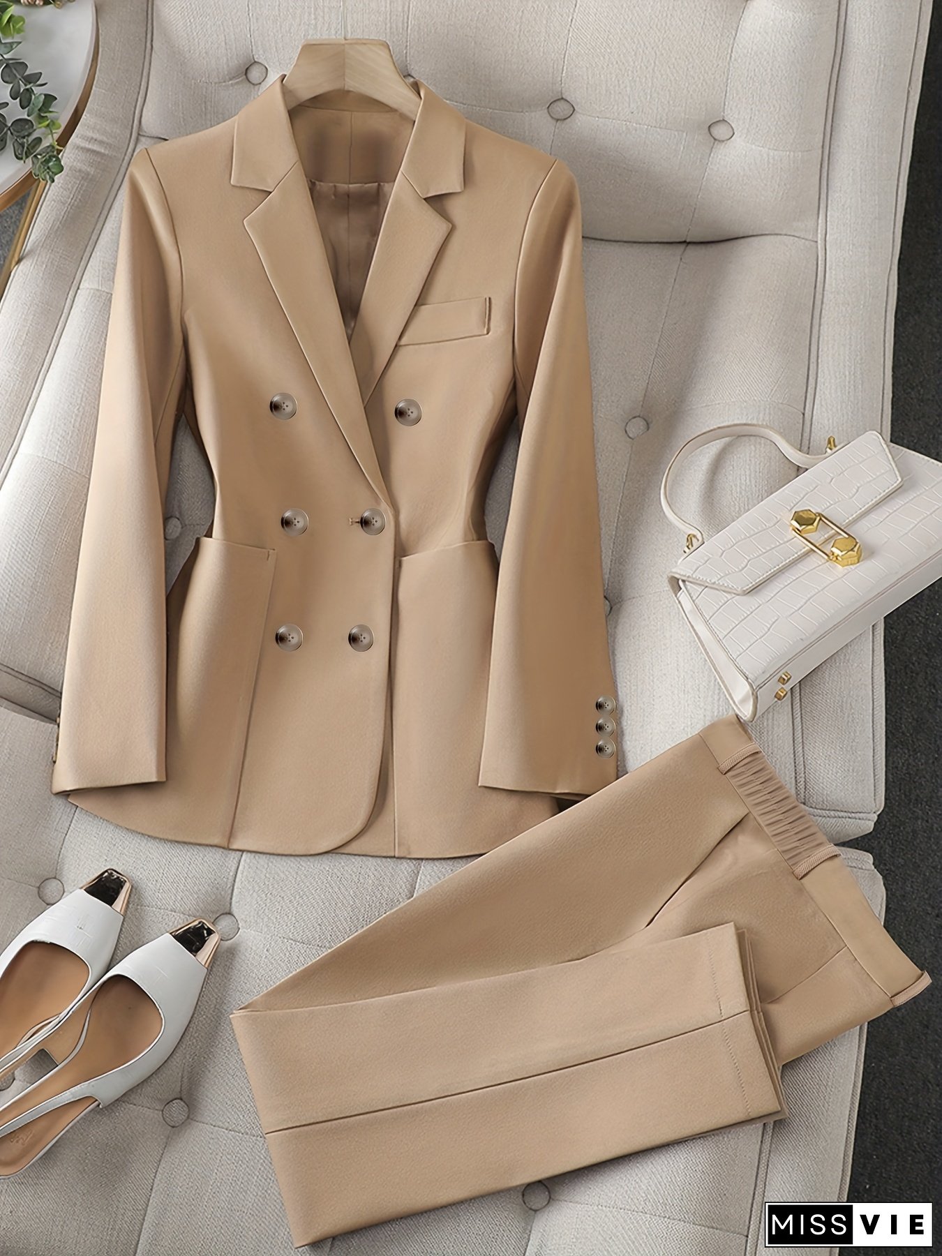 Chic Design Double-Breasted Long Sleeve Suit for Women - Casual Fashion Commuter Set with Straight-Leg Pants and Pockets, Beige, Polyester 95.00%, Spandex 5.00%, Perfect for Fall/Winter