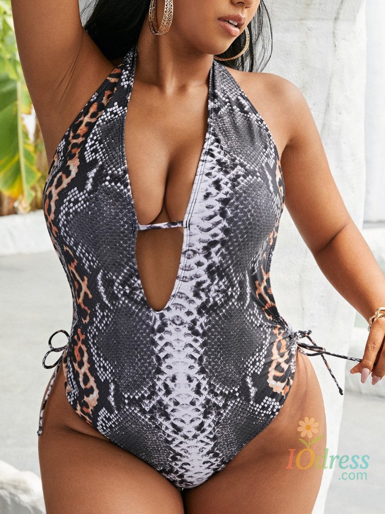 IO Dress Leopard Print Swimming Suit for Women Plus Size Swimwear Strawstring One Piece Swimsuit Halter Bodysuit Bathing Monokini 4XL