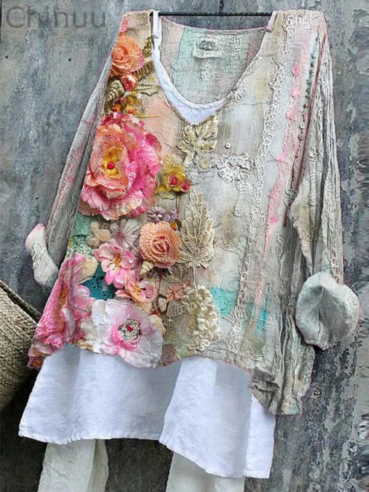 Vintage Floral Embroidery Art Linen Blend V-Neck Shirt